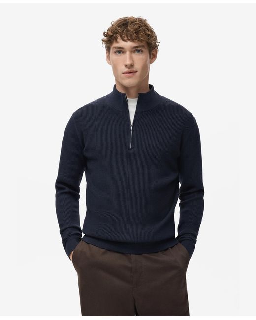 Mango Blue Zip Neck Ribbed Sweater for men