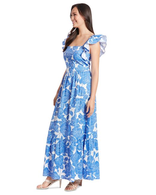 London Times Blue Petite Cotton Floral Ruffle-sleeve Maxi Dress