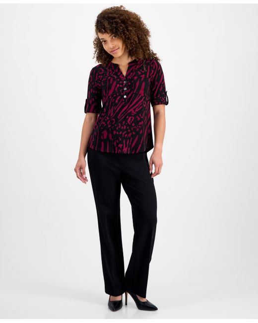 Anne Klein Red Petite Printed Rolled-sleeve Button-front Top