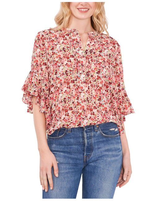 Vince Camuto Synthetic Floral-print Flutter-sleeve Henley Blouse in ...