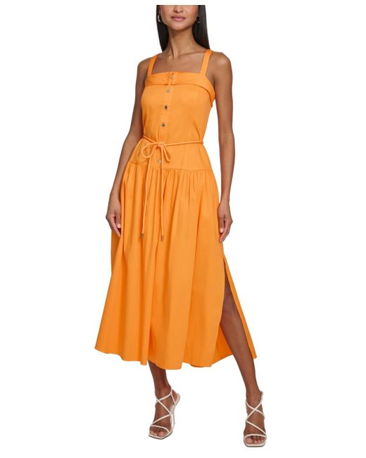 Karl Lagerfeld Orange Button-front Square-neck Dress