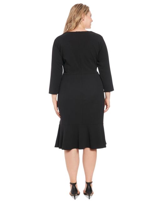 London Times Black Plus Size Side-knot 3/4-sleeve Dress