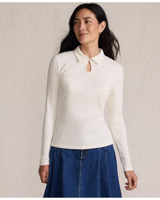 Lands' End Women's White Long Sleeve Pointelle Rib Keyhole Polo Top