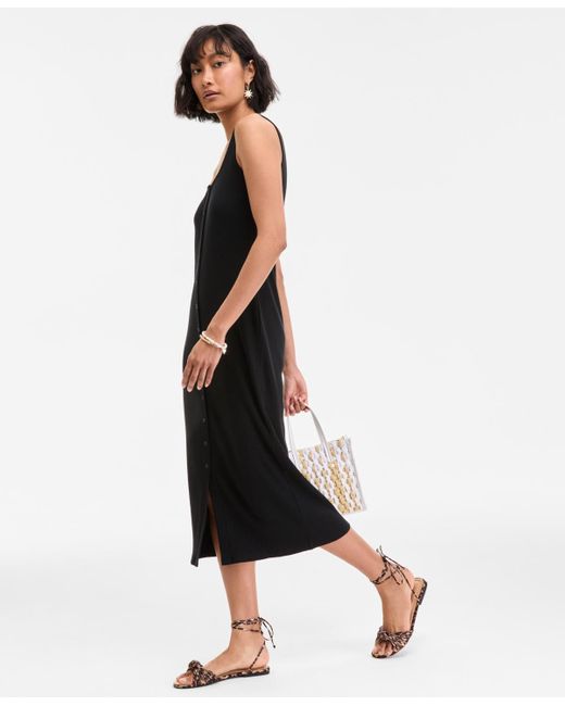 On 34th Black Rib-knit Button Down Midi Dress