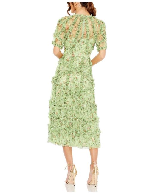Mac Duggal Green Floral Flutter Sleeve Mesh Print Dress