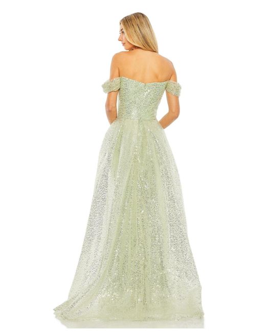Mac Duggal Green Off The Shoulder Sequin Panel Train Gown