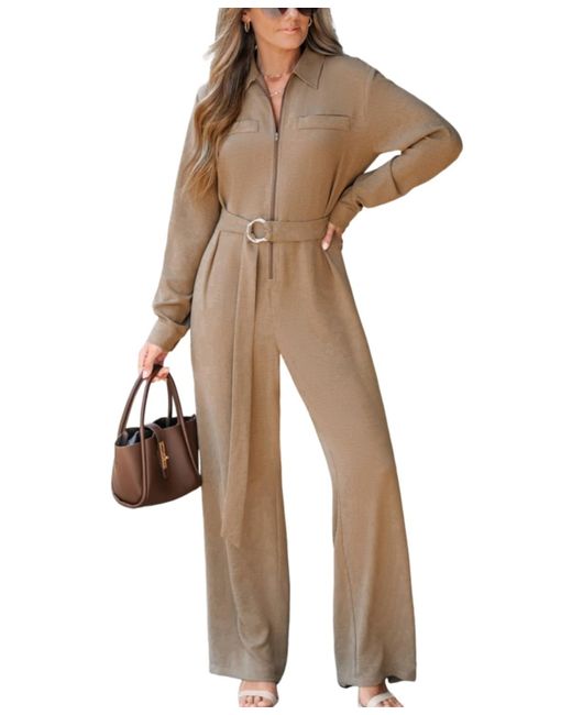 CUPSHE Natural Luxe Belted Zip Front Utility Jumpsuit