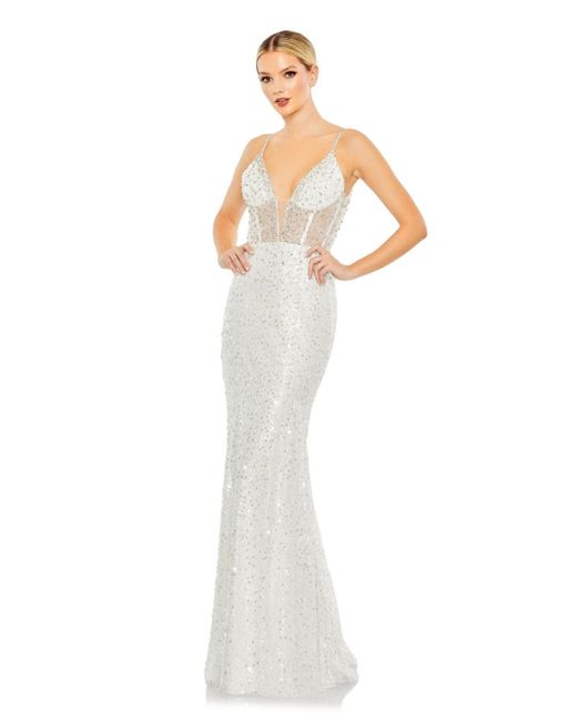 Mac Duggal White Embellished Plunge Neck Sleeveless Trumpet Gown