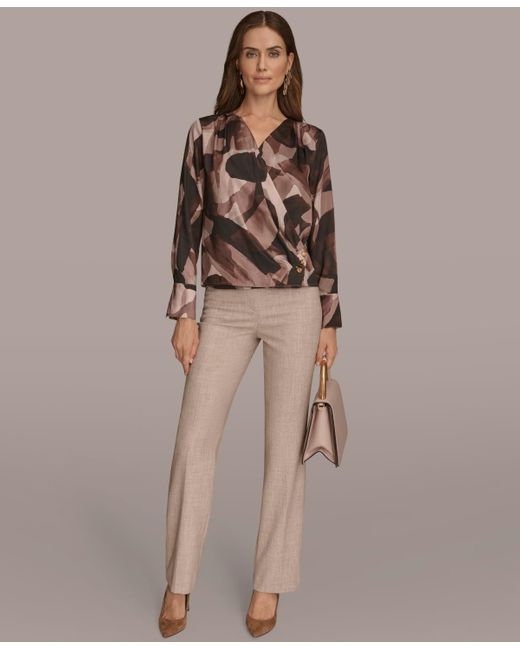 Donna Karan Brown Petite Printed Satin Long Sleeve Wrap Top