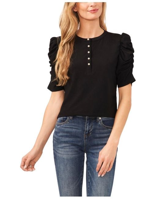 Cece Black Ruched Puff-sleeve Henley Knit Top