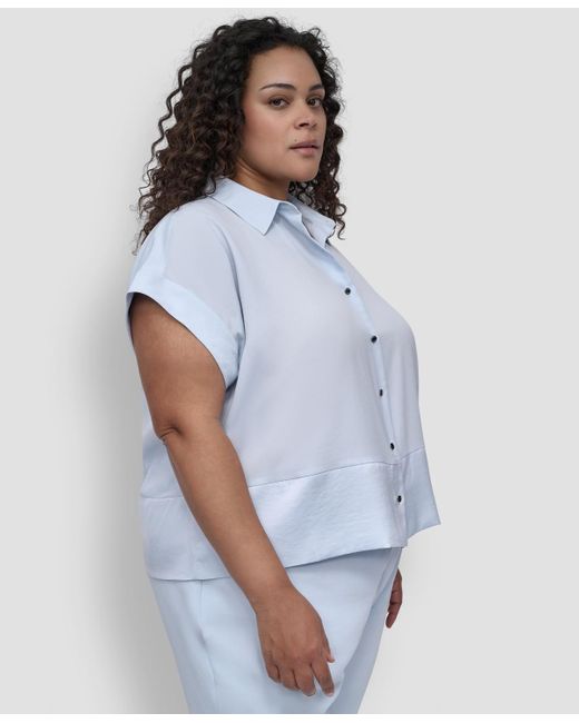DKNY Blue Plus Size Reverse Satin Button-front Shirt