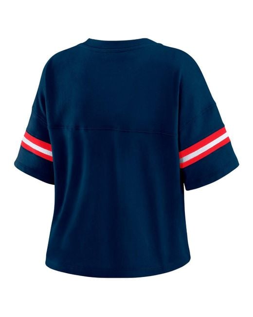 WEAR by Erin Andrews Blue New England Patriots Color Block Boxy Modest Crop V-neck T-shirt