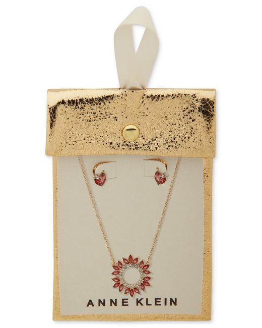 Anne Klein Metallic Gold-tone Red Crystal Cluster Stud Earrings & Circle Pendant Necklace Set