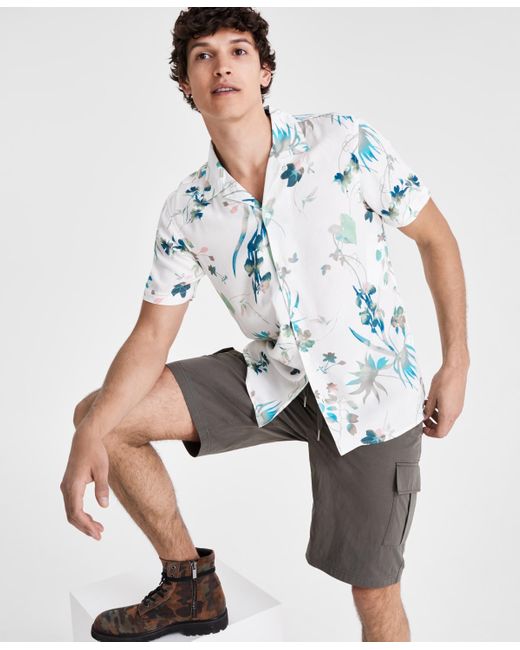 INC International Concepts White Antonio Regular-fit Floral Button-down Camp Shirt for men