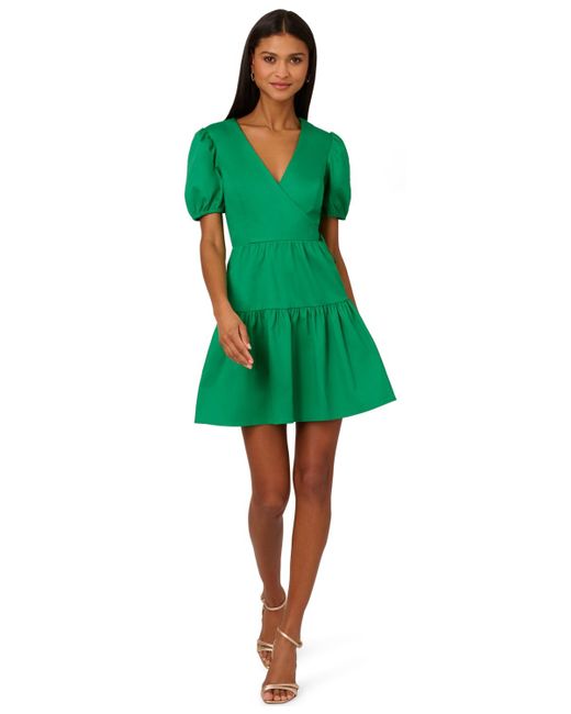 Adrianna Papell Green Faux-wrap Tiered Dress
