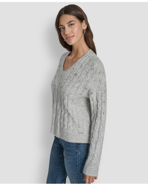DKNY Gray Embellished Detail Long-sleeve Sweater