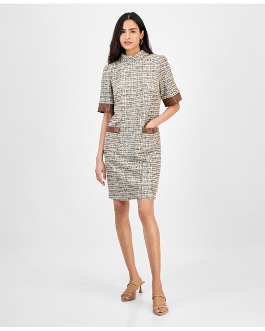Julia Jordan Faux-leather-trim Tweed Shift Dress in White | Lyst