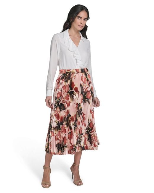 Calvin Klein White Long-sleeve Ruffle-front Blouse