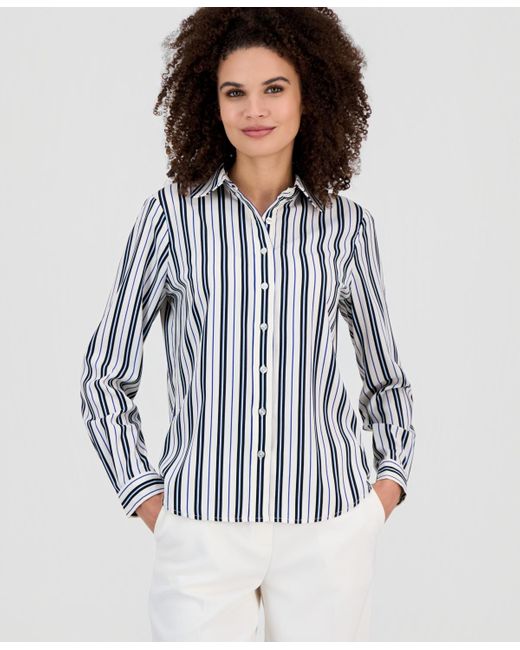 Anne Klein Blue Striped Slim-fit Utility Blouse