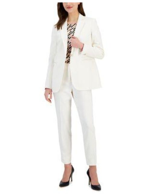 Anne Klein White One Button Notch Collar Jacket Printed Boat Neck Top Slim Fit Ankle Pants