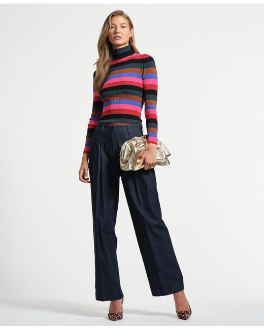 Isaac Mizrahi New York Red Mock Neck Long Sleeve Striped Sweater