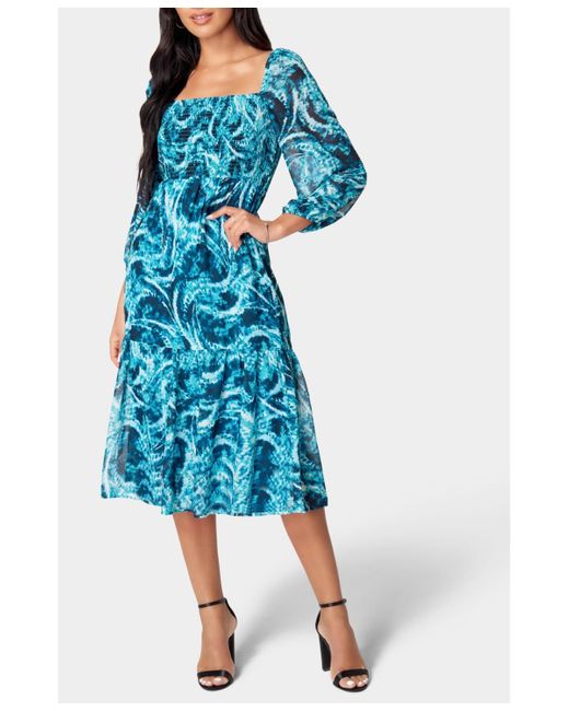 Bebe Blue Printed Chiffon Midi Dress