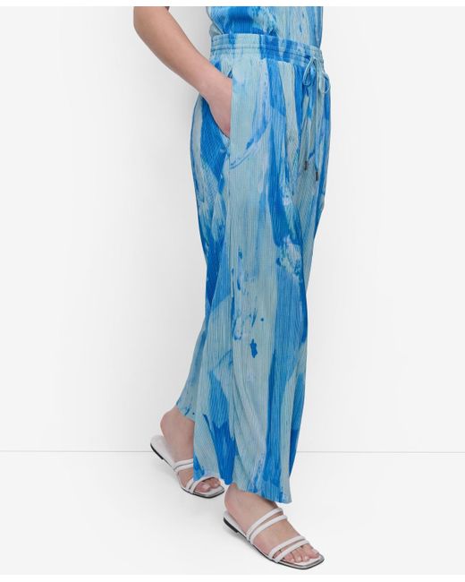DKNY Blue Abstract Print Plissé Drawstring Pants