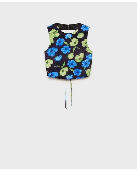 Mango Blue Open-back Floral Blouse