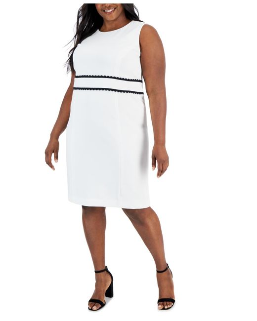 Kasper White Plus Size Scallop-trim Sleeveless Sheath Dress