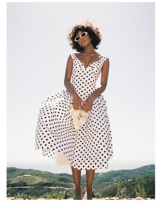 Miss Circle White Rahma Polka Dot Drop Waist Midi Cotton Poplin Dress