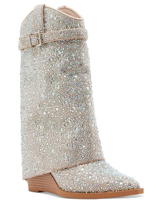 Madden Girl Gray Joe Rhinestone Cuffed Wedge Western Dress Booties