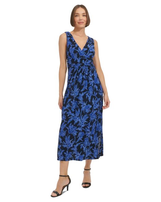 Tommy Hilfiger Blue Printed Ruched Midi Dress