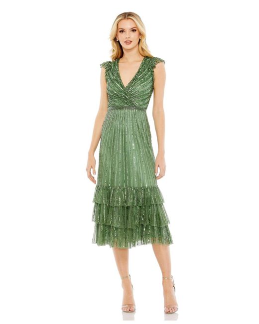 Mac Duggal Green Sequined Wrap Over Cap Sleeve Ruffle Hem Dress