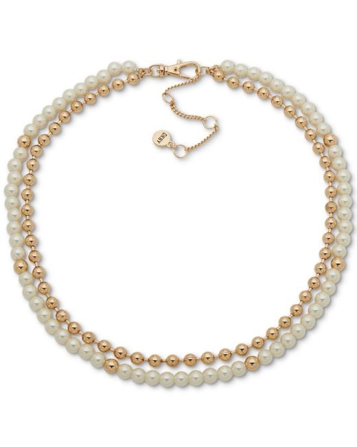DKNY Metallic Gold-tone Bead & Imitation Pearl Layered Collar Necklace