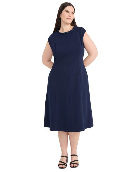 Maggy London Blue Plus Size Chain-trim Midi Fit & Flare Dress