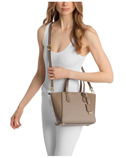 Michael Kors Natural Taryn Small Signature Logo And Leather Convertible Crossbody Bag