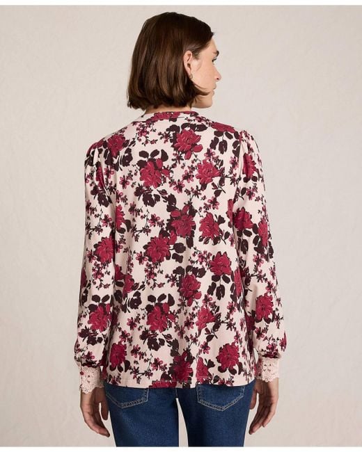Lands' End Red Lightweight Jersey Long Sleeve Button Front Pintuck Top