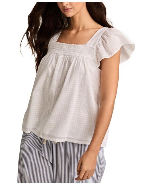 Lucky Brand White Cotton Smocked Square-neck Peasant Top
