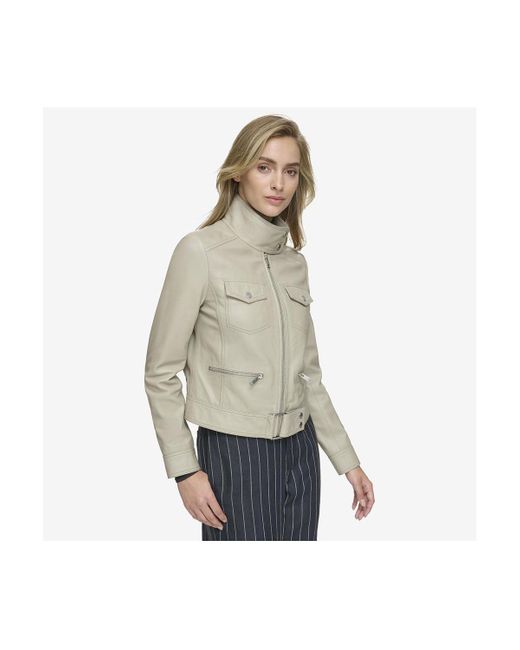 Andrew marc asymmetrical deals leather detail jacket
