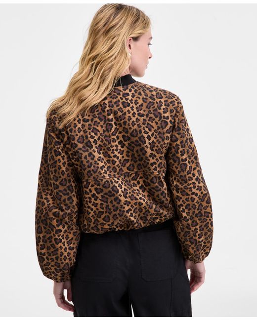 On 34th Brown Leopard Print Bubble-hem Bomber Jacket