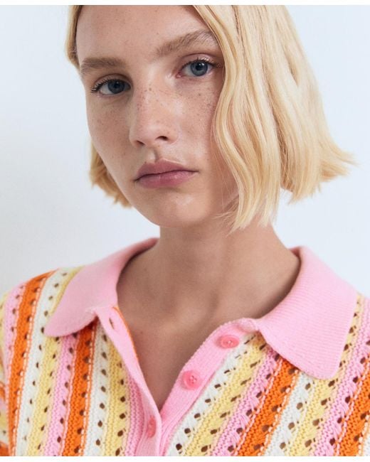 Mango White Striped Openwork Knit Sweater
