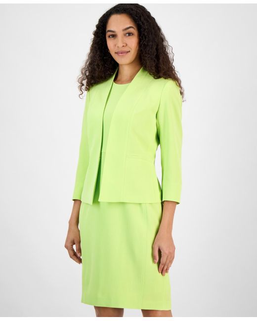 Kasper Green Collarless Open-front 3/4-sleeve Jacket