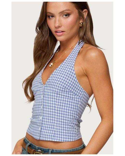 Edikted Blue Evan Gingham Button Up Halter Top