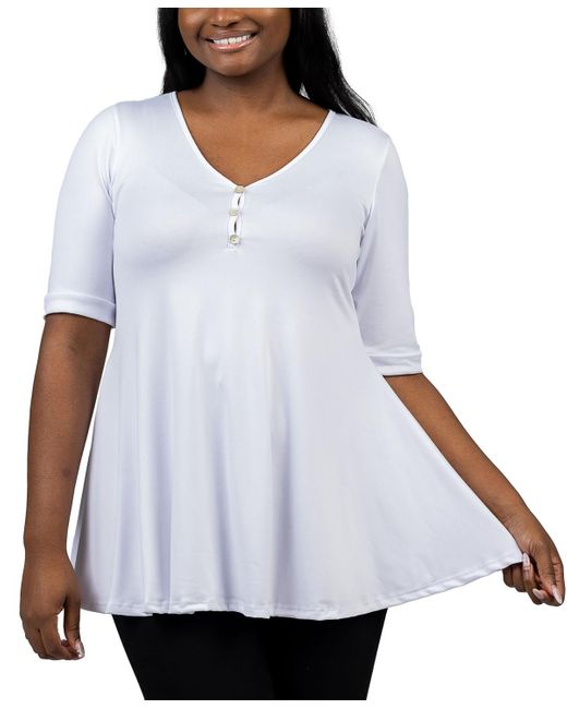 24seven Comfort Apparel White Plus Size Elbow Sleeve Henley Tunic Top
