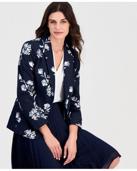 Tahari Blue Printed One-button Blazer