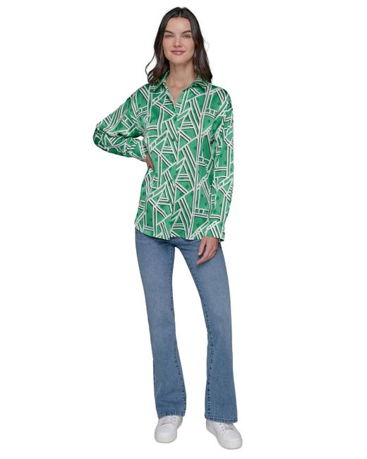 Karl Lagerfeld Green Satin Geo-print Oversized Button-front Top
