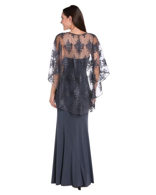 R & M Richards Blue Embellished-capelet Gown