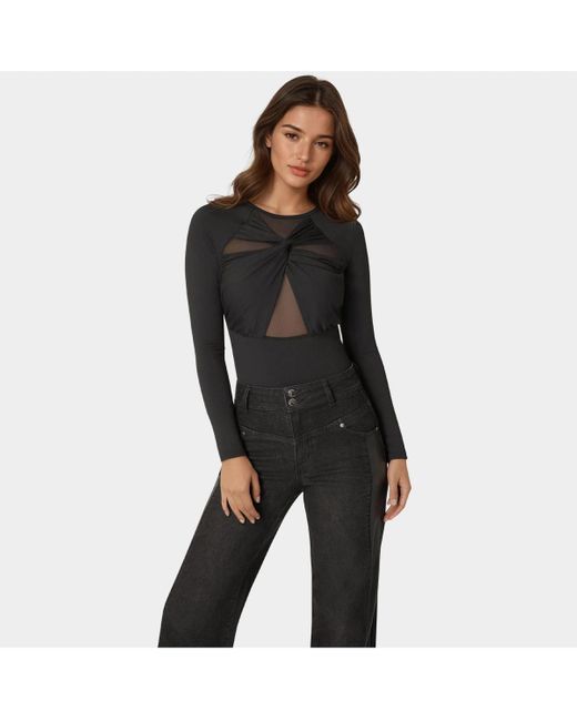 Bebe Black Mesh Combo Front Twist Knit Bodysuit