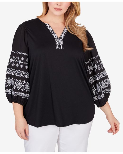 Ruby Rd Black Plus Size Embroidered Solid Knit Top