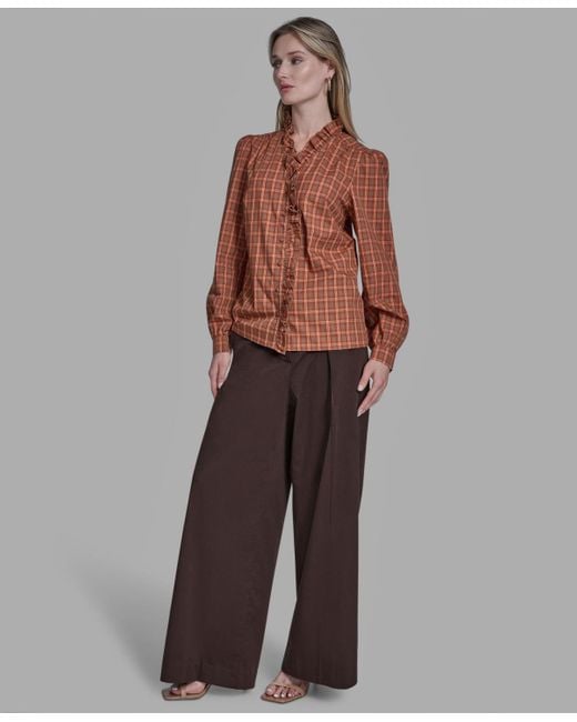 BCBGMAXAZRIA Brown Plaid Button Placket V-neck Top